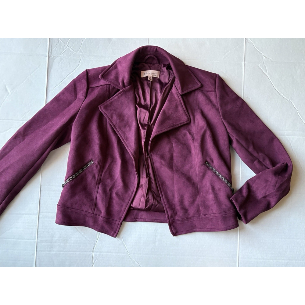 Philosophy Faux Suede Leather Moto Jacket Mulberry Purple Size XS Open Front